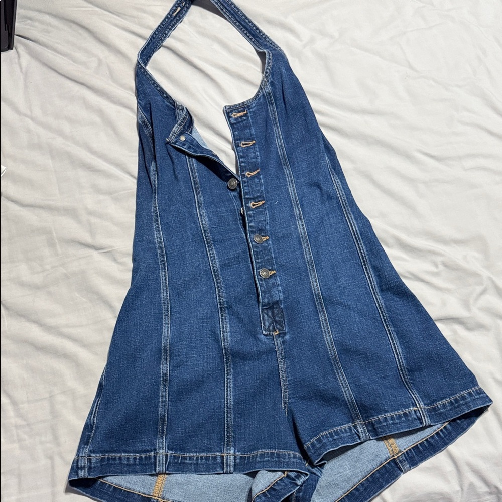 American Eagle Outfitters Dark Blue Denim Halter Romper
